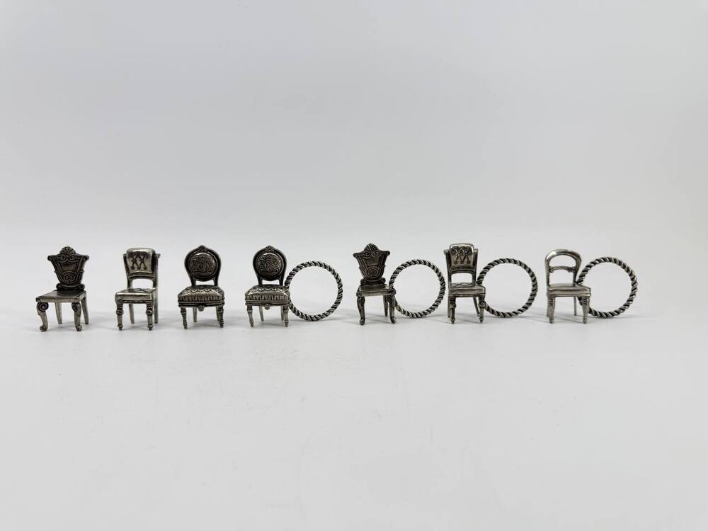 Set of 7 Vintage Pewter Miniature Chair Place Card Holders Napkin Rings 1996